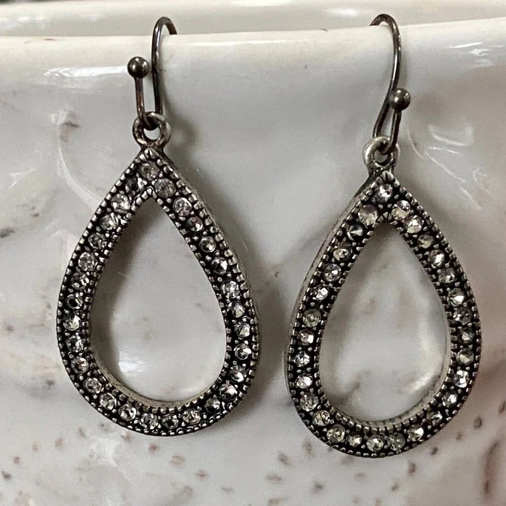 Silver Teardrop Crystal Pave Style Marcasite Drop Earrings 1.5